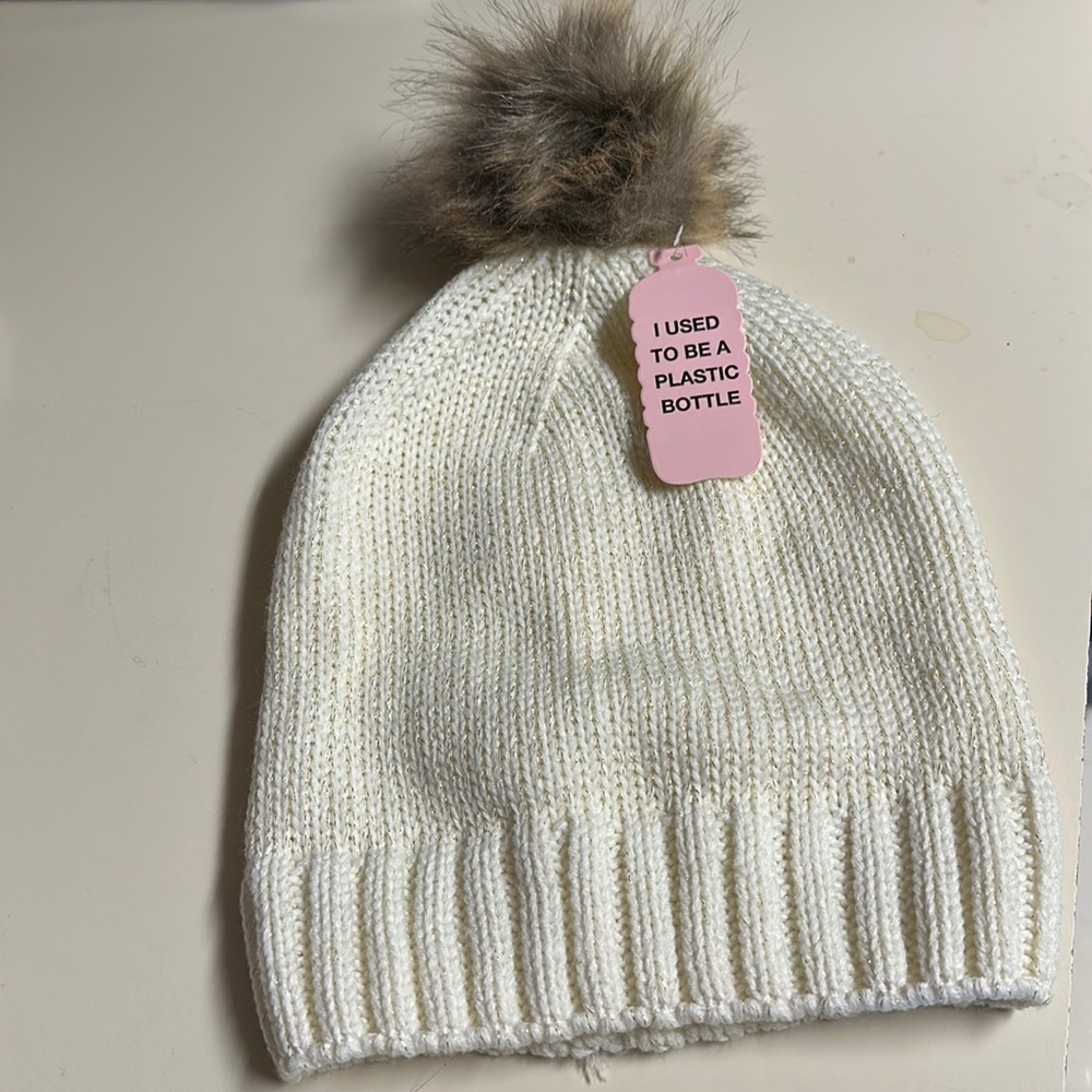 Serra Off White Knit Beanie w/Gold Threads & Faux Fur Pom pom One Size